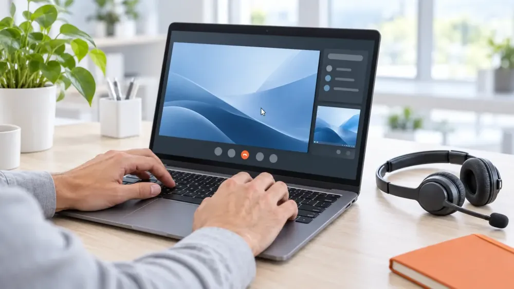Zdalne wsparcie IT — praca na laptopie z sesją pomocy